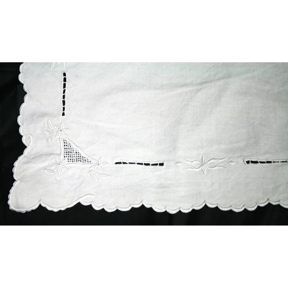Vintage White Linen Embroidered Placemats Scalloped Edge Cutwork Set of 2
